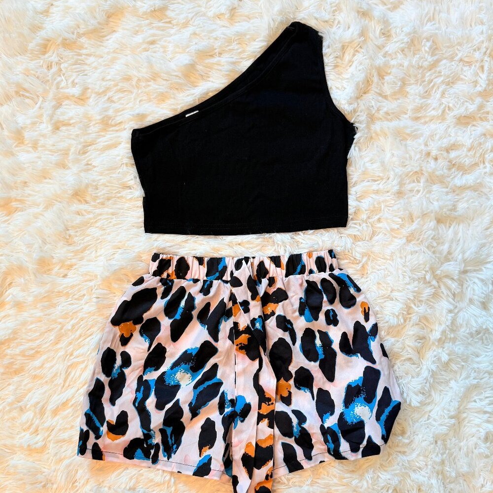 One-Shoulder Crop Top & Leopard Shorts Set